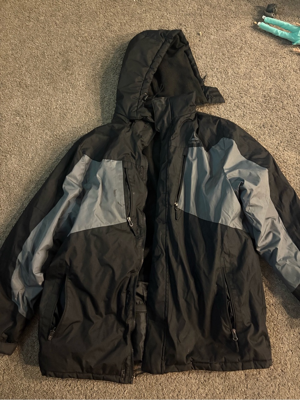 Reebok Black and Gray Hooded Colorblock Puffer Jacket